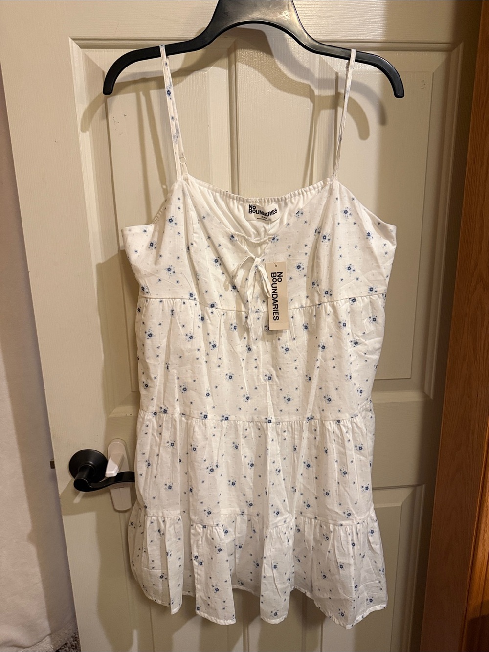 No Boundaries Tiered Trapeze Dress with Blue Floral Dots